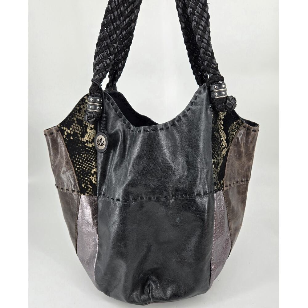 The Sak Indio Leather Patchwork Hobo Shoulder Bag Bucket Purse Braided Strap